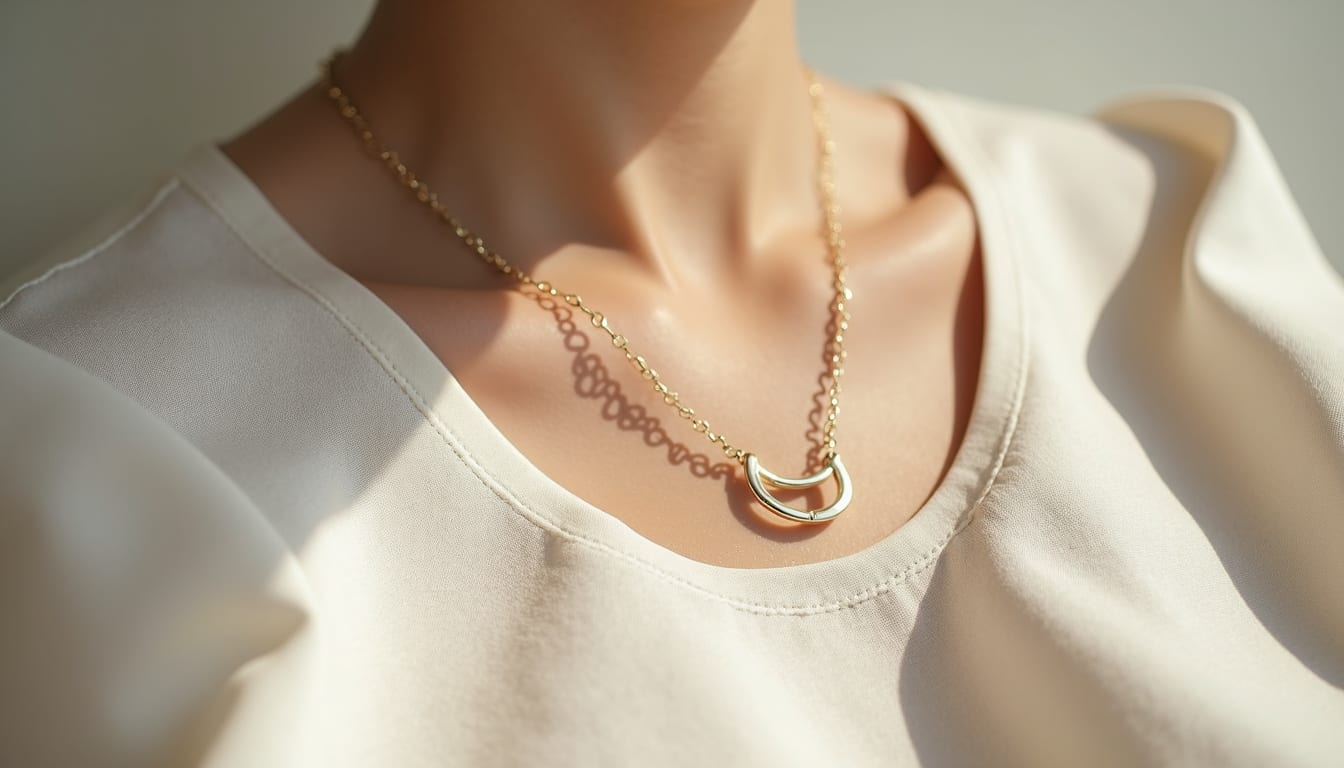 Close-up view of a minimalist necklace on a soft fabric background