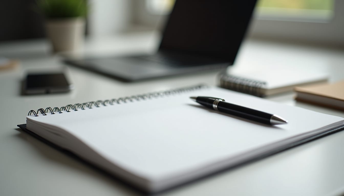 Eye-level view of a minimalist workspace with a notebook and pen
